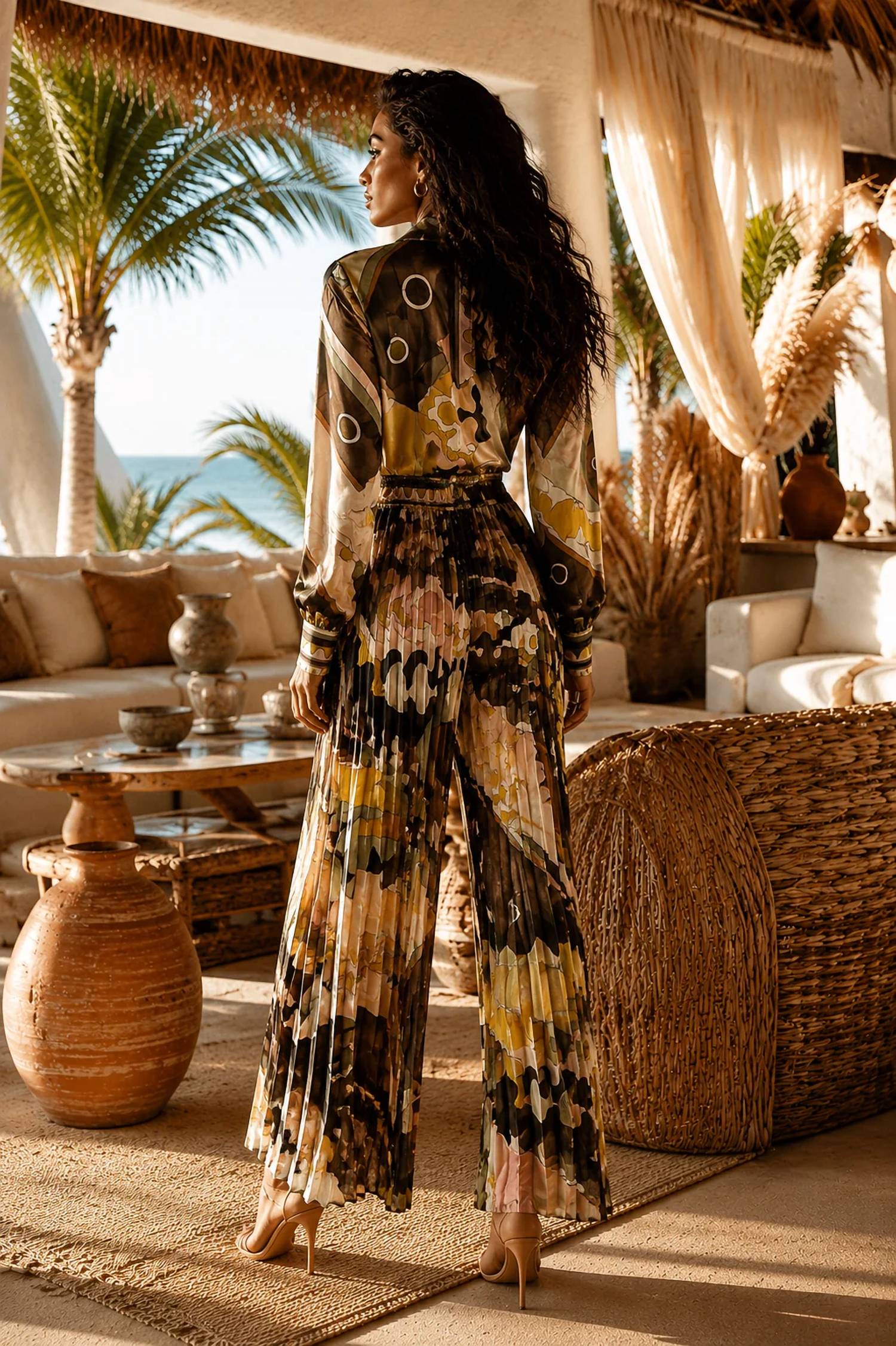 Surelymine - Abstract Print Pleated Wide Leg Jumpsuit