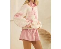 Veveret Textured Contrast Printed Quarter Zip Sweater in pink combo - women's cardigan - alternate view