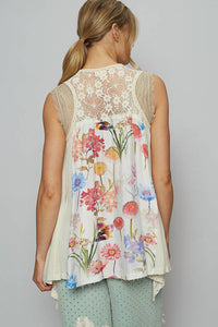 Pol - Sleeveless Printed Woven Lace Detail Vest