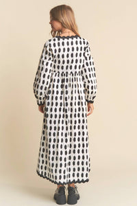 J.NNA Spots Pattern Wavey Trim Midi Dress in cookies and cream - women's dress - detail view