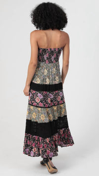 ANGIE Women's Lace Trim Smocked Bodice Maxi Dress in mixed print - women's dress - detail view