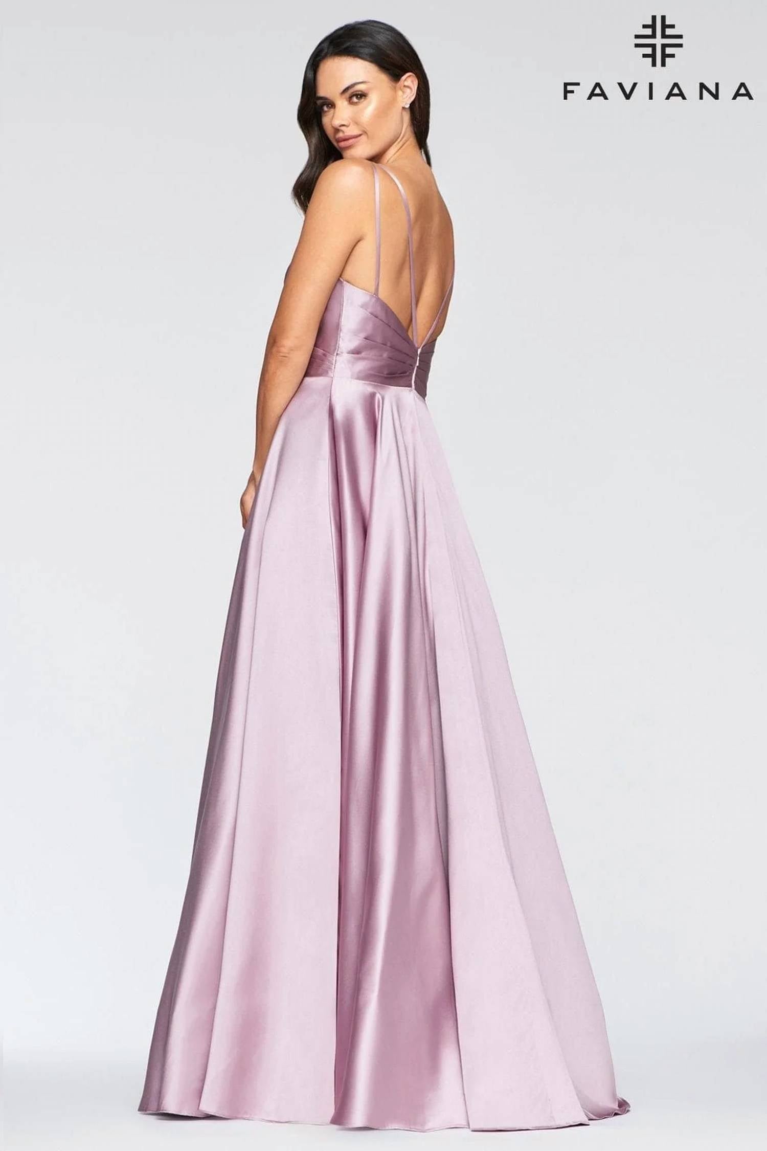 Faviana - V-Neck Pleated Satin Gown