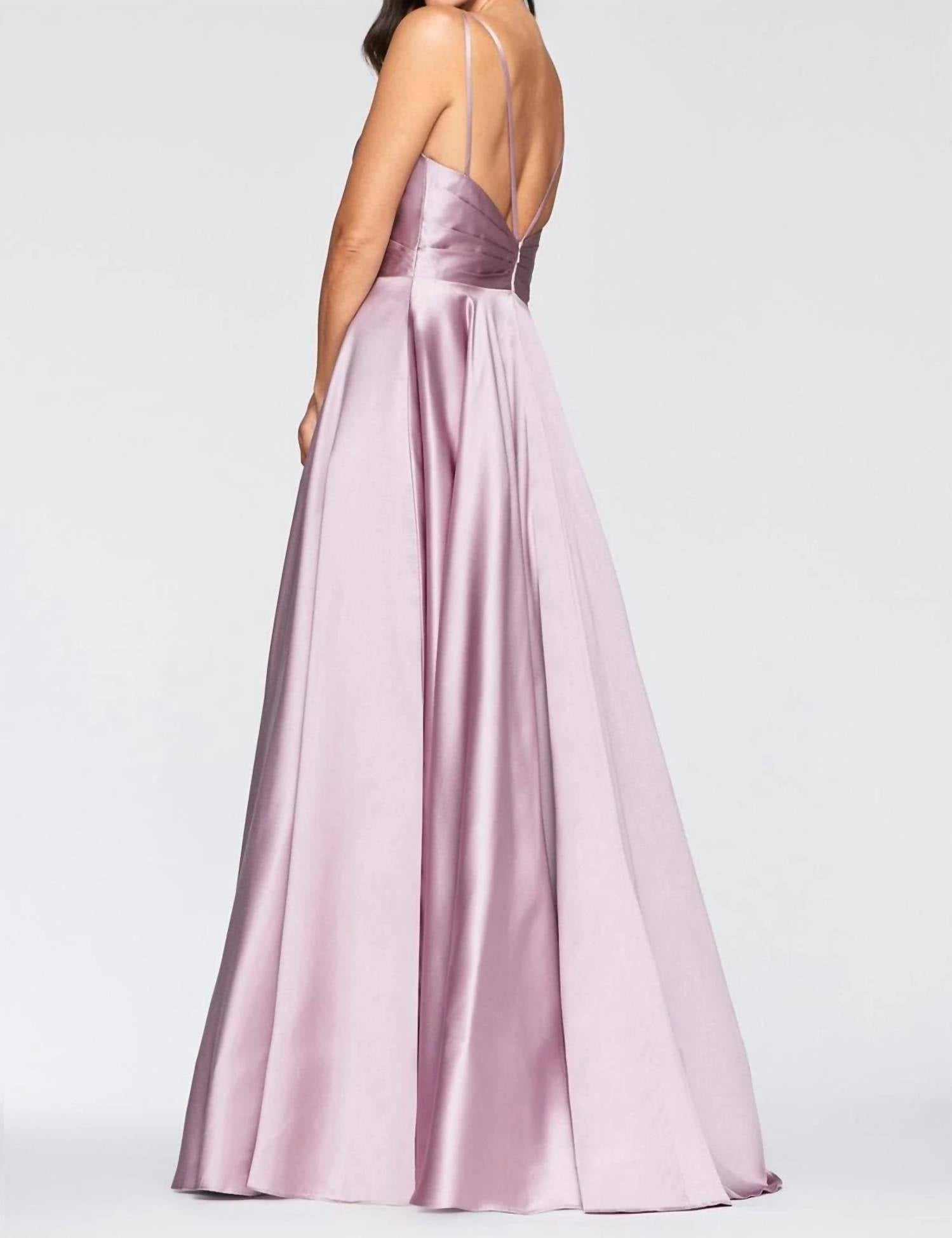 Faviana - V-Neck Pleated Satin Gown