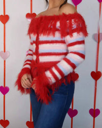 Act Pretty - Off Shoulder Striped Shaggy Fringed Cardigan