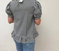 Vine & Love - Puff Short Sleeve V-neck Gingham Blouse