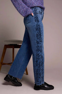 TRIBAL Brooke High Rise Wide Leg Jeans With Side-Embroidery in bluedusk - women's jeans - detail view