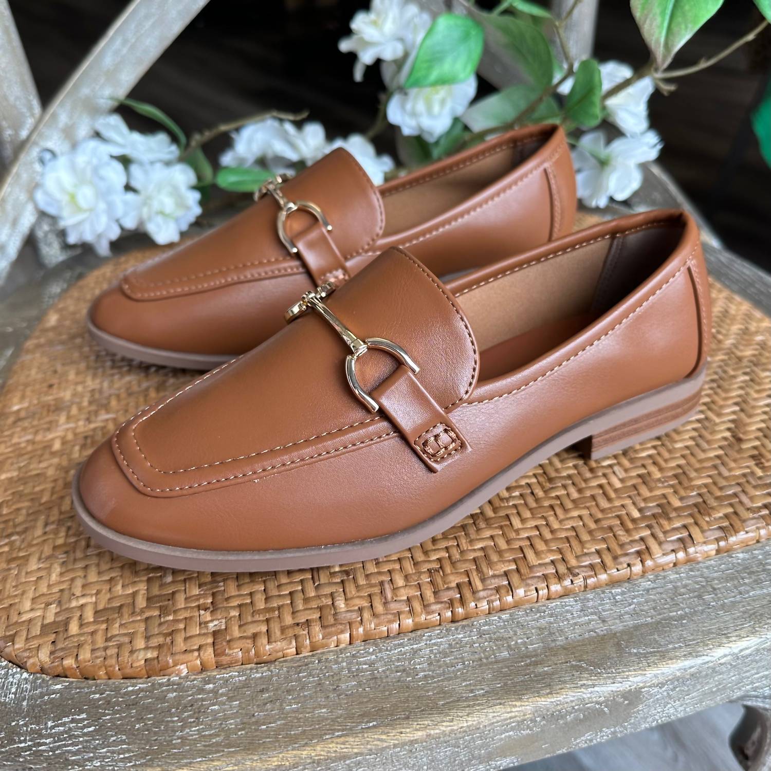 SODA Women's Guitar Buckle Loafer in cognac - women's flats - detail view