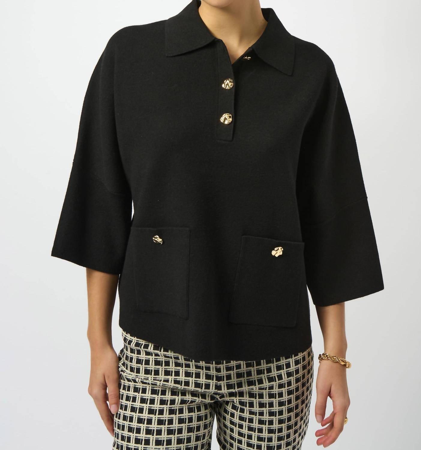 Joseph Ribkoff Boxy Knit Collared Sweater in black - women's shirt