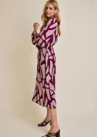 Faire - Notch Neck Button Up Long Sleeve Midi Dress