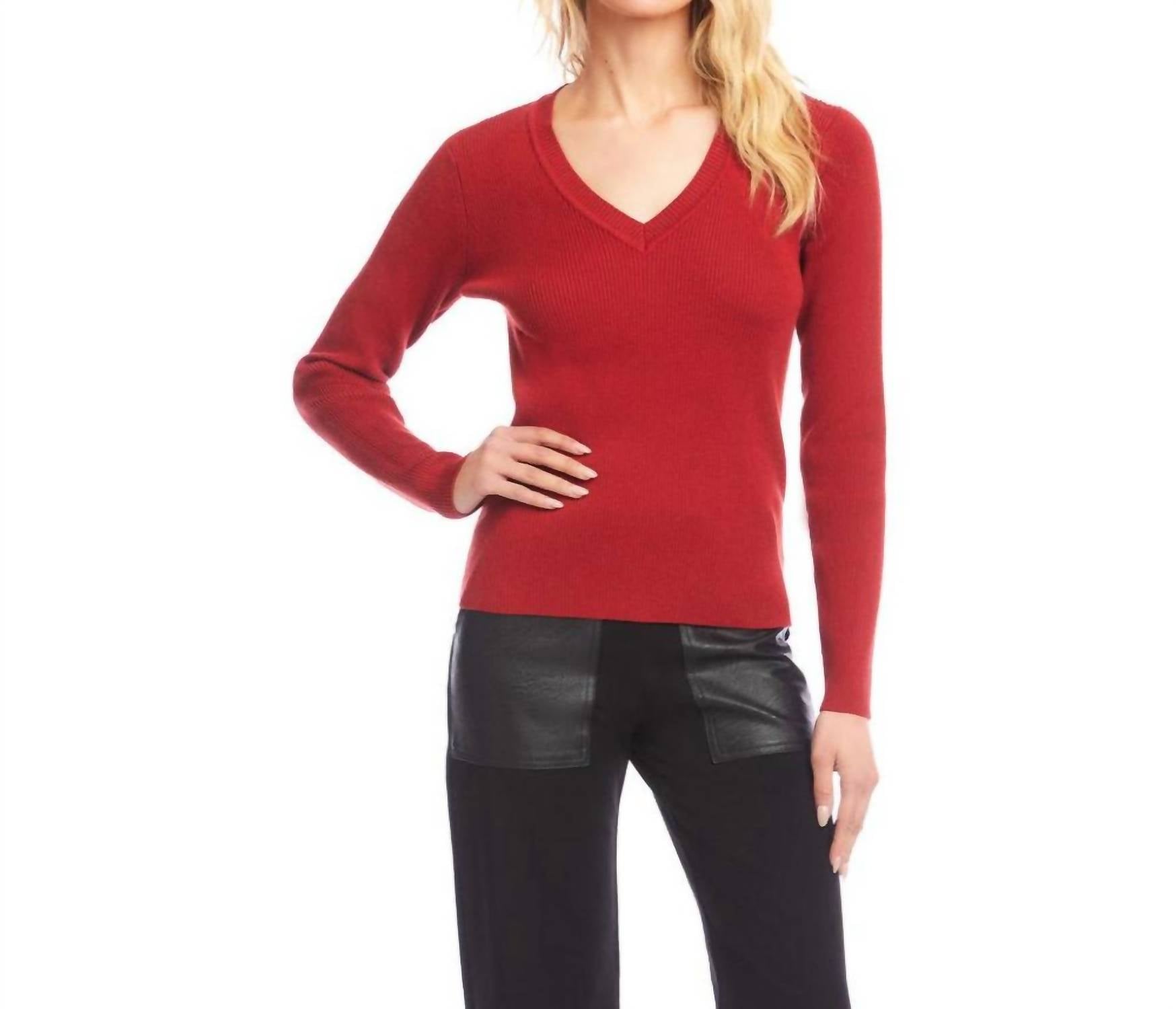 Karen Kane Ribbed V-Neck Sweater in tomato - women's sweater