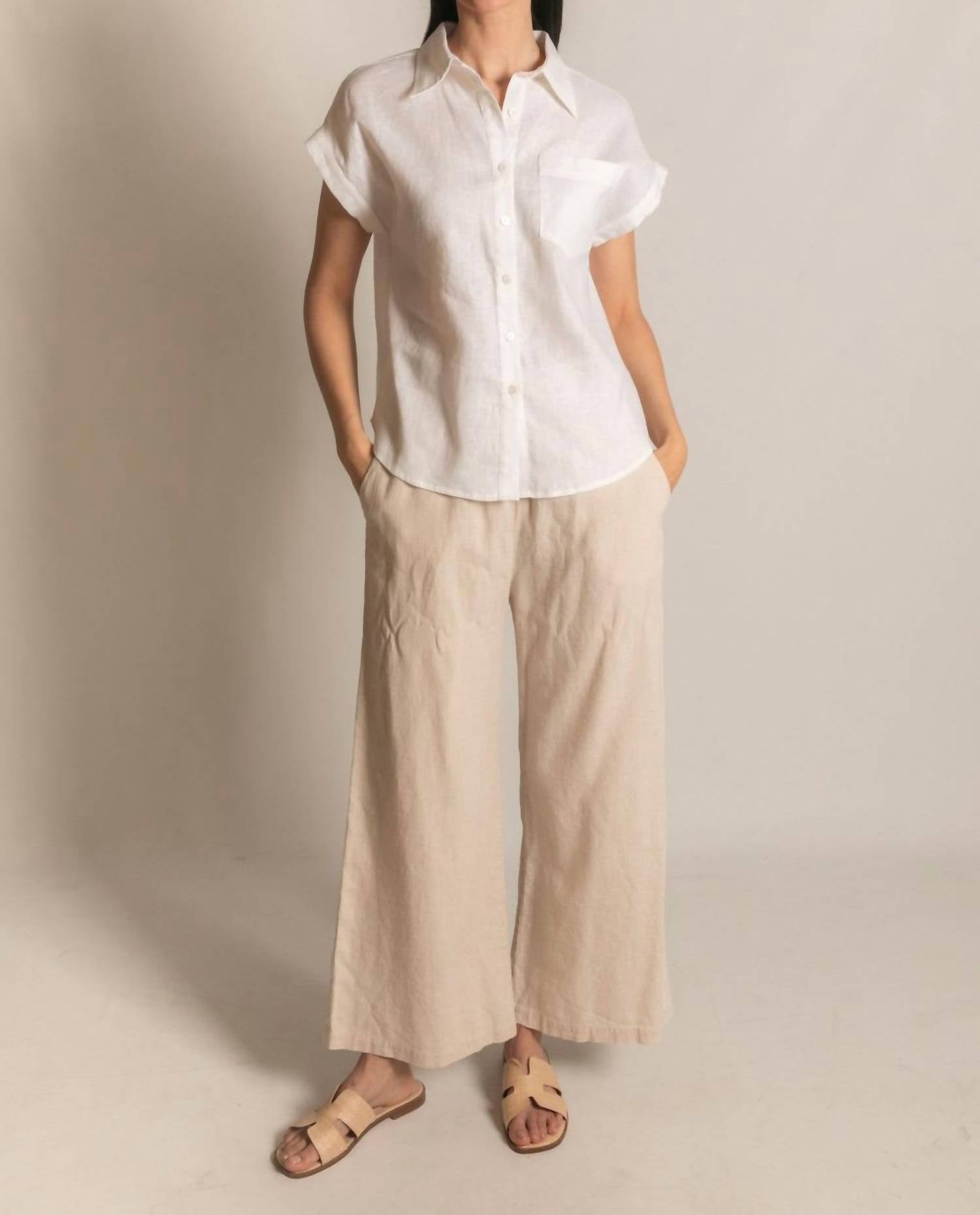 P.CILL Linen Relaxed Short Sleeve Button Up Shirt in white - women's shirt