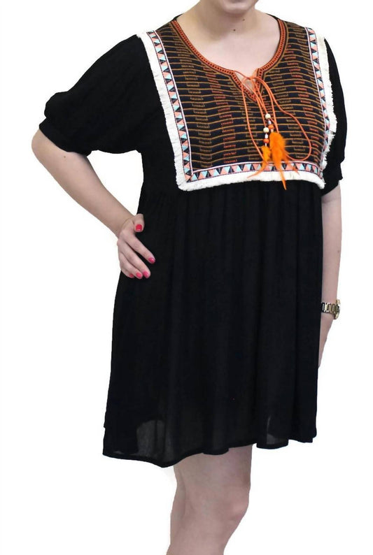 Velzera - Embroidered & Fringed Short Sleeve Mini Dress