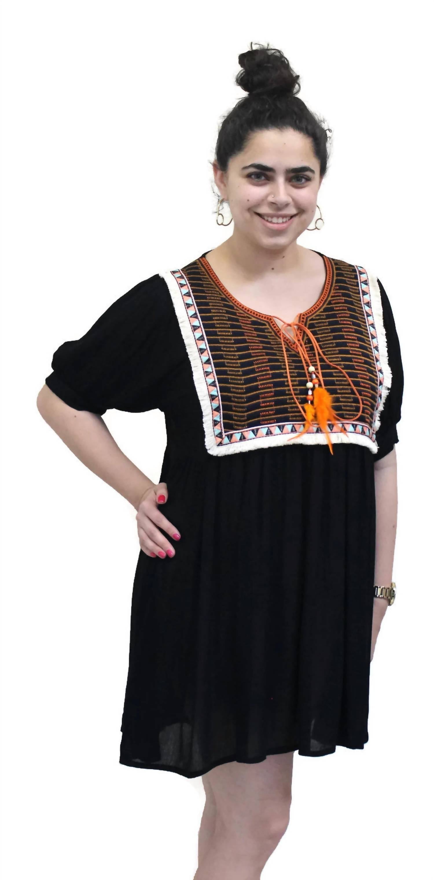 Velzera - Embroidered & Fringed Short Sleeve Mini Dress