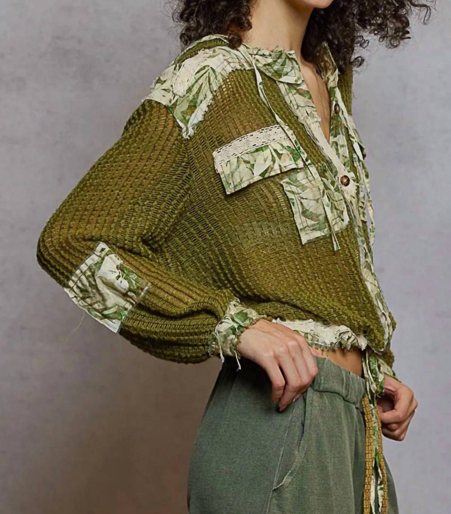 POL Vintage Washed Floral Print Crochet Jacket in olive green - women's jacket - detail view