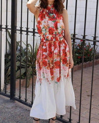 EB Luxe Floral Print Halter Dress in red multi - women's dress