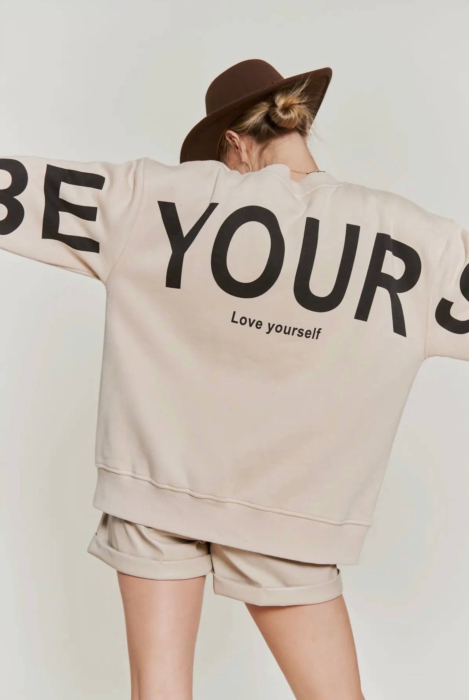 JADE BY JANE Be Yourself Love Yourself Oversized Sweatshirt in beige - women's top - detail view