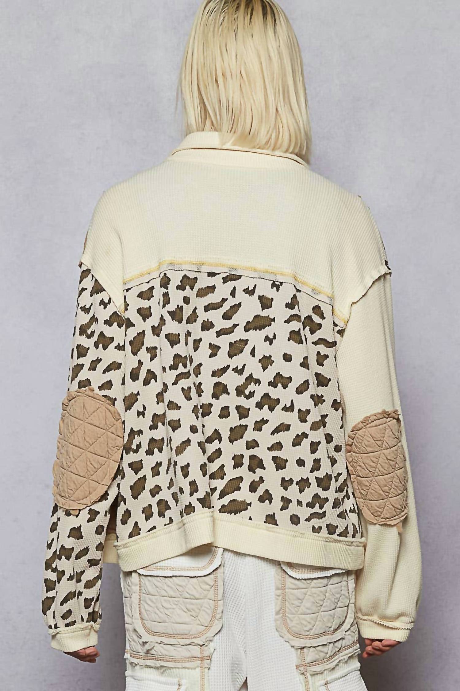 POL Floral Animal Print Contrast Color Block Quilted Jacket in cream multi - women's jacket - detail view