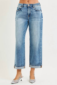 RISEN Mid Rise Cuff Boyfriend Jeans in blue - women's jeans