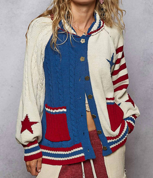 Pol - Collar Neck Striped Star Chenille Sweater Cardigan Top
