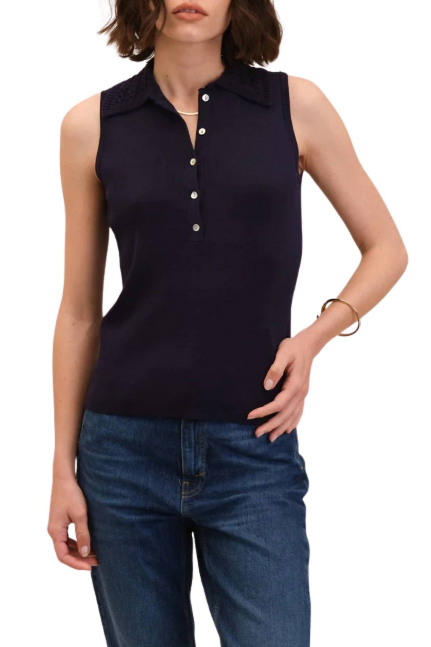T Tahari - Crochet Collar Sleeveless Sweater Polo