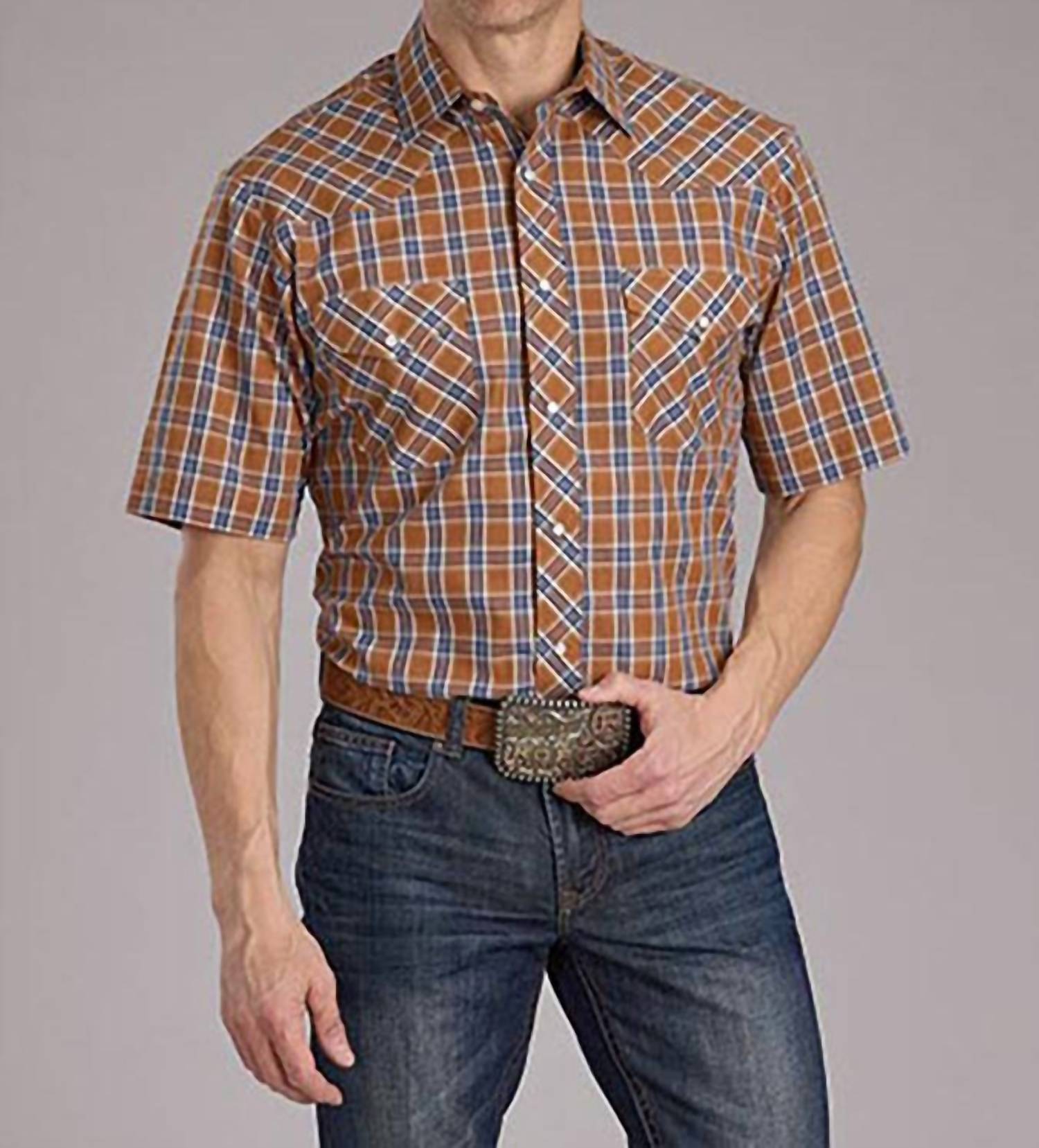 ROPER Men's Classic Plaid Snap Closure Shirt in tan - men's t-shirt