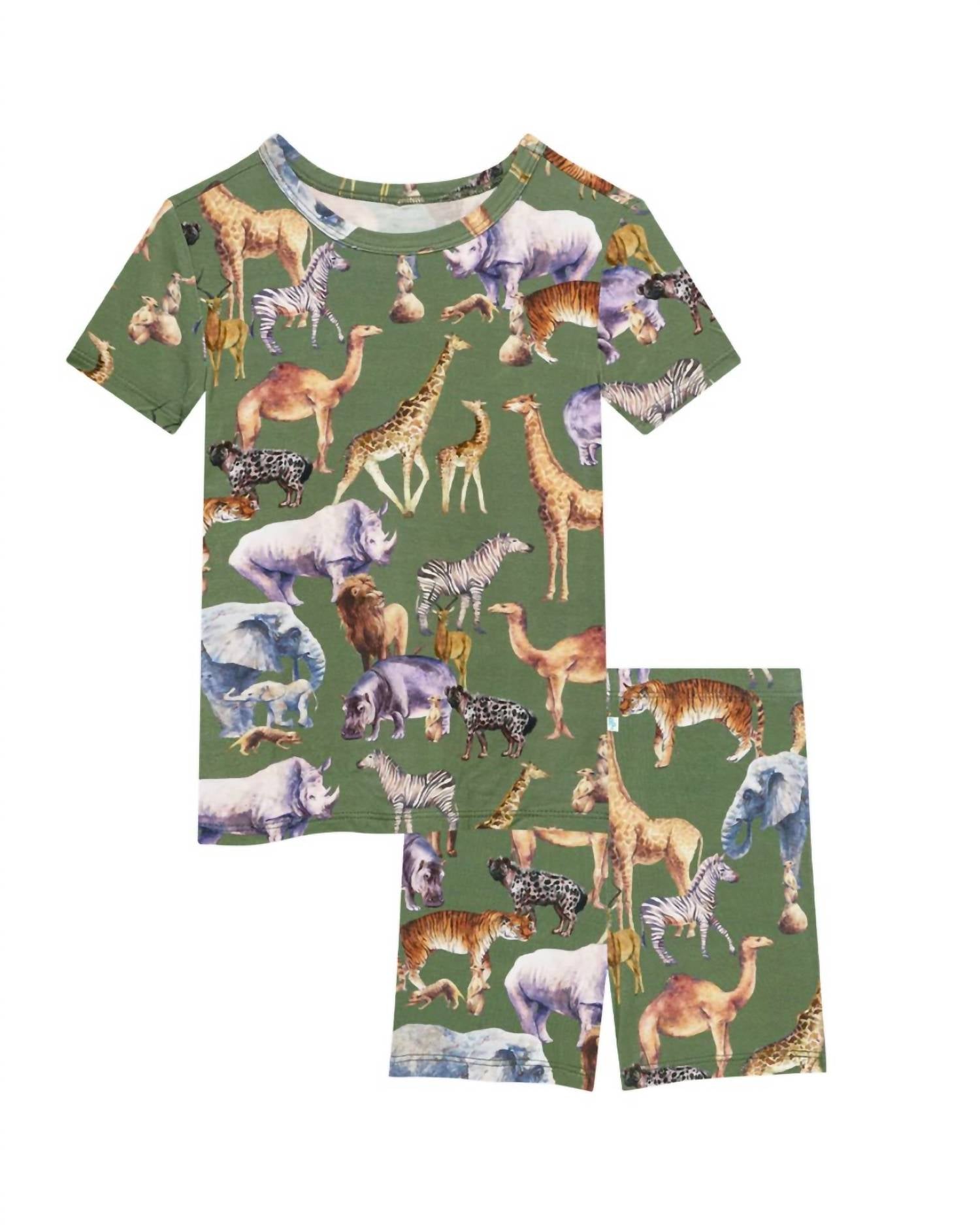 POSH PEANUT Kid's Safari Basic Short Sleeve And Short Pajama in green - kids' sleepwear - detail view