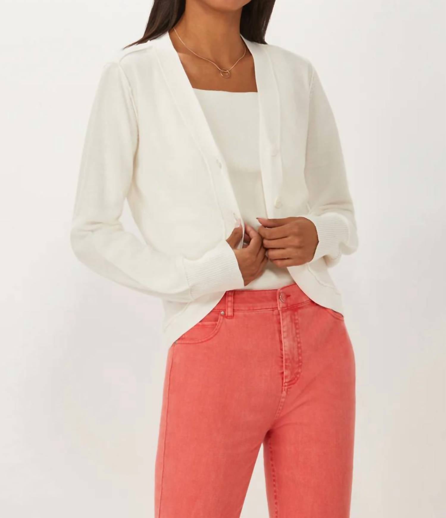 Ecru - Curved Placket Printed Cardigan