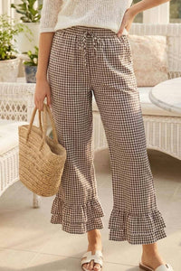 Vine & Love - Gingham Casual Ruffled Hem Cropped Pants