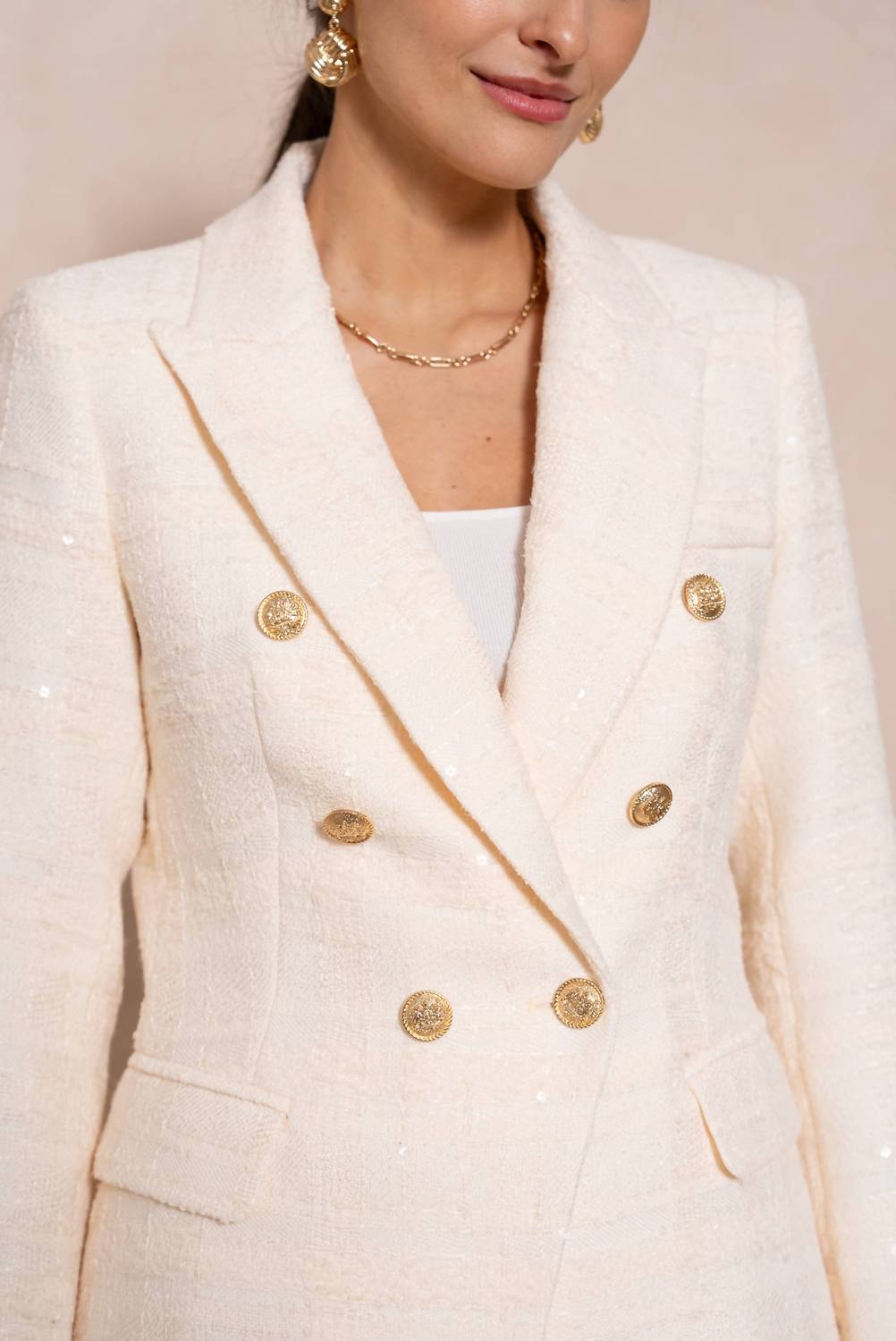 European Linen Collection - Structured Tweed Blazer With Double Gold Buttons