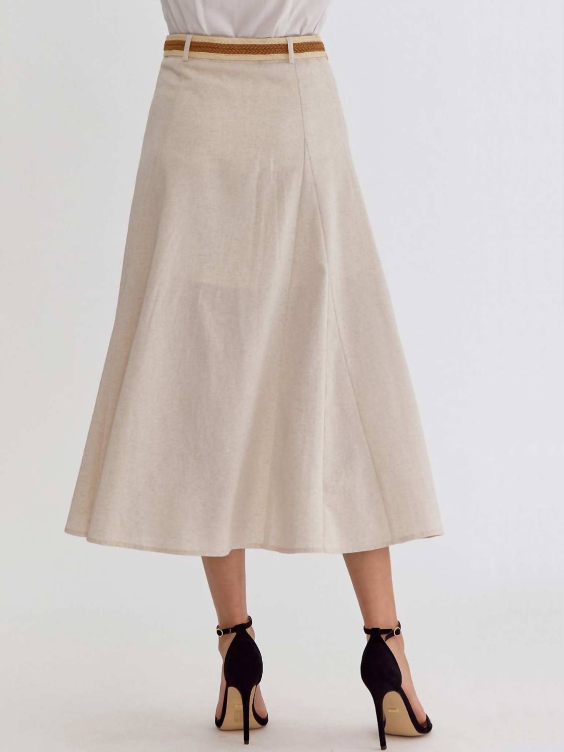 Entro - Linen Look High Waist Belted Flare Midi Skirt