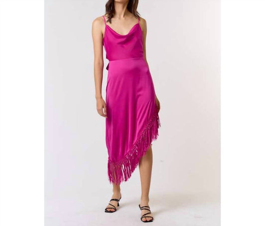 Lalavon - Satin Fringe Bow Tie Back Dress