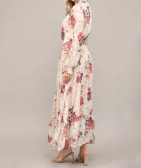 Fate Floral Metallic Ruffle Maxi Dress in cream and gold - women's dress - detail view