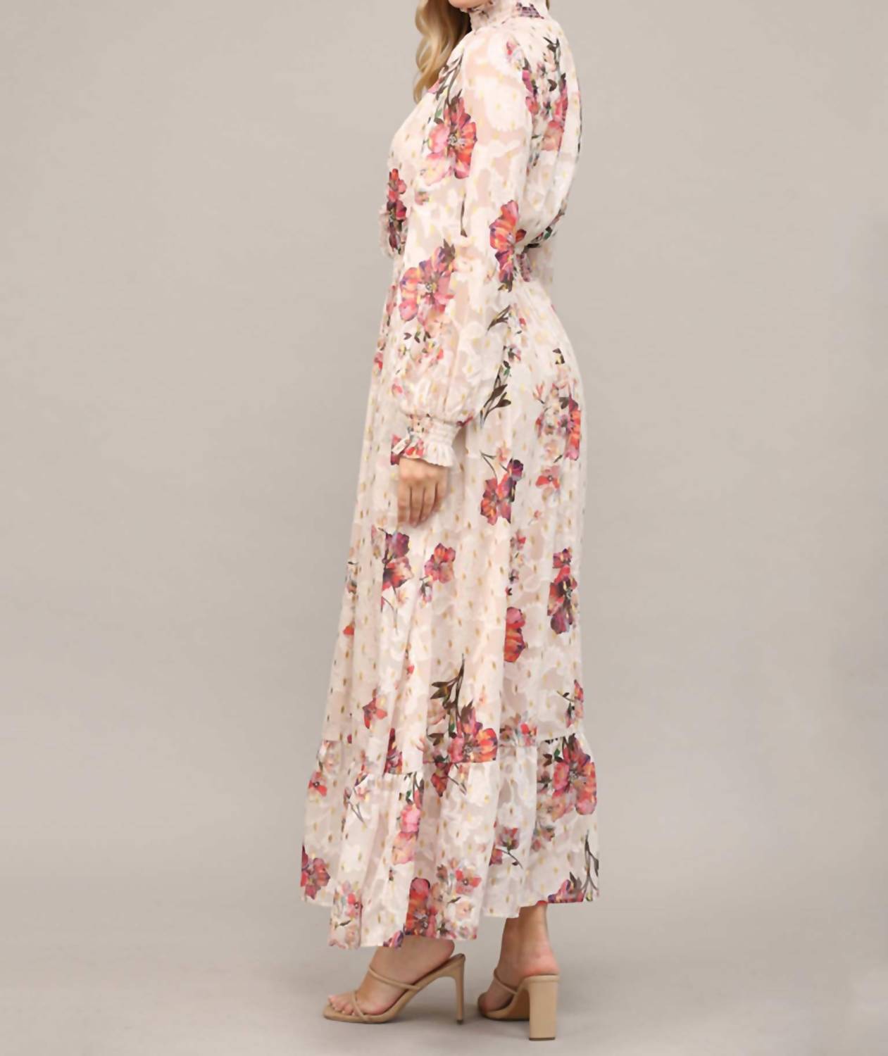 Fate Floral Metallic Ruffle Maxi Dress in cream and gold - women's dress - detail view