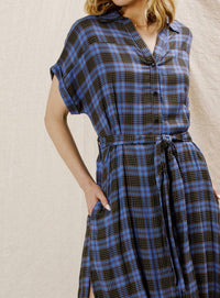 En Creme - Plaid Button Down Belted Shirt Dress