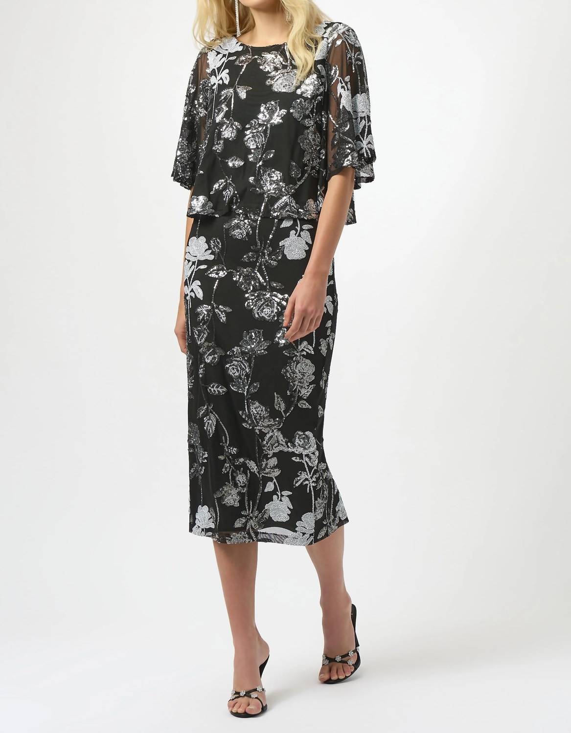 Joseph Ribkoff - Sequined Floral Mesh Midi Pencil Skirt