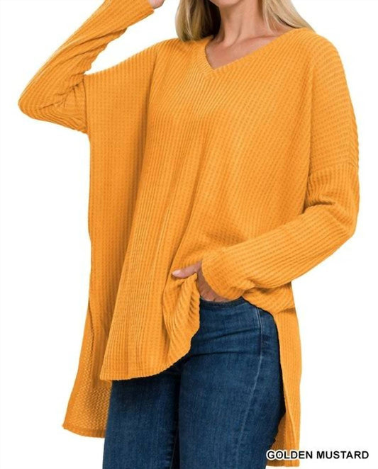 Zenana - Women's Waffle Knit V Neck High Low Top