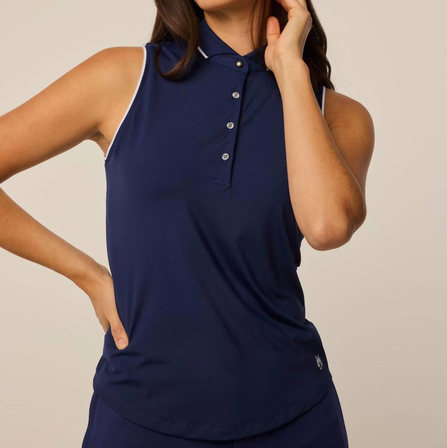Greyson Clothiers Sleeveless Scarlett Polo in maltese blue - women's t-shirt - detail view