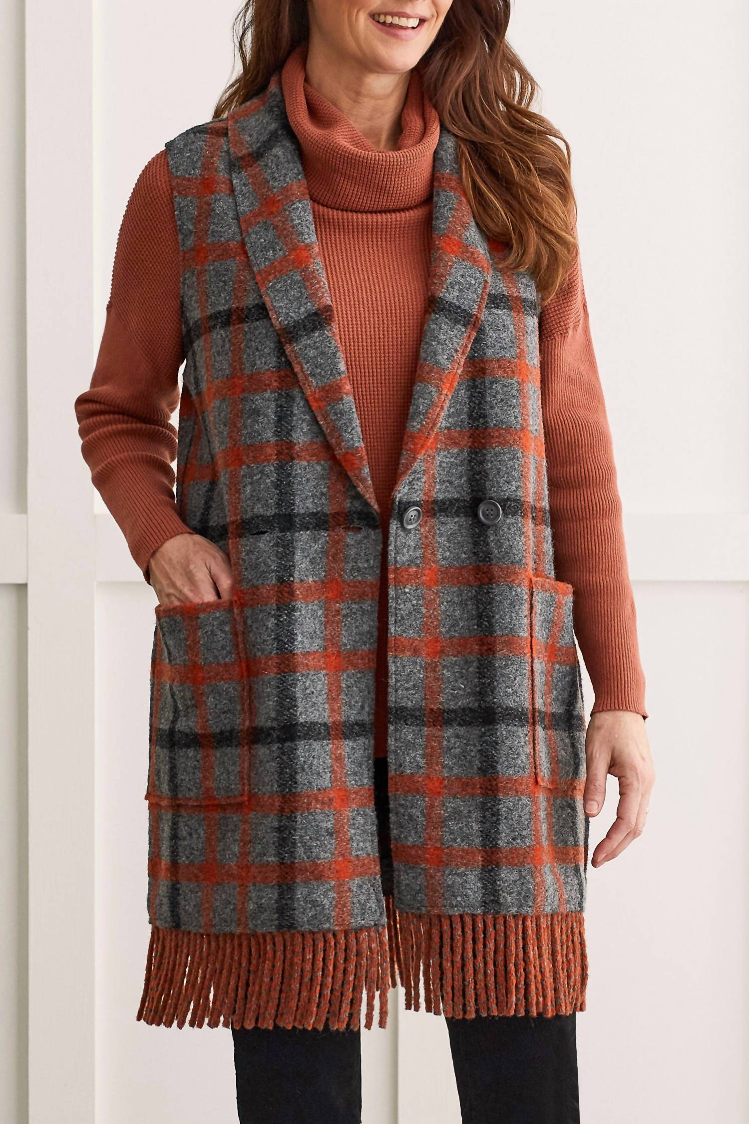 Tribal - Plaid Fringed Long Vest