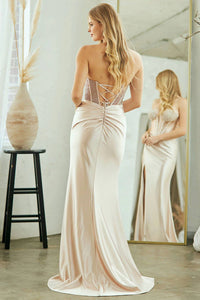 Amelia Couture - Strapless Crystal Corset Gown With Satin Slit Skirt
