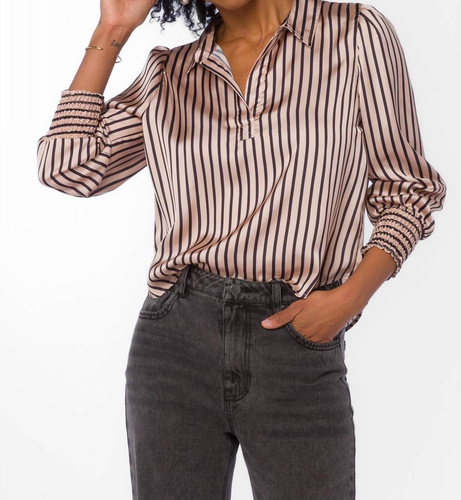 Velvet Heart Kat Blouse in goldie striped - women's blouse - detail view