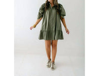 Karlie - Solid Button Puff Sleeve Ruffle Dress
