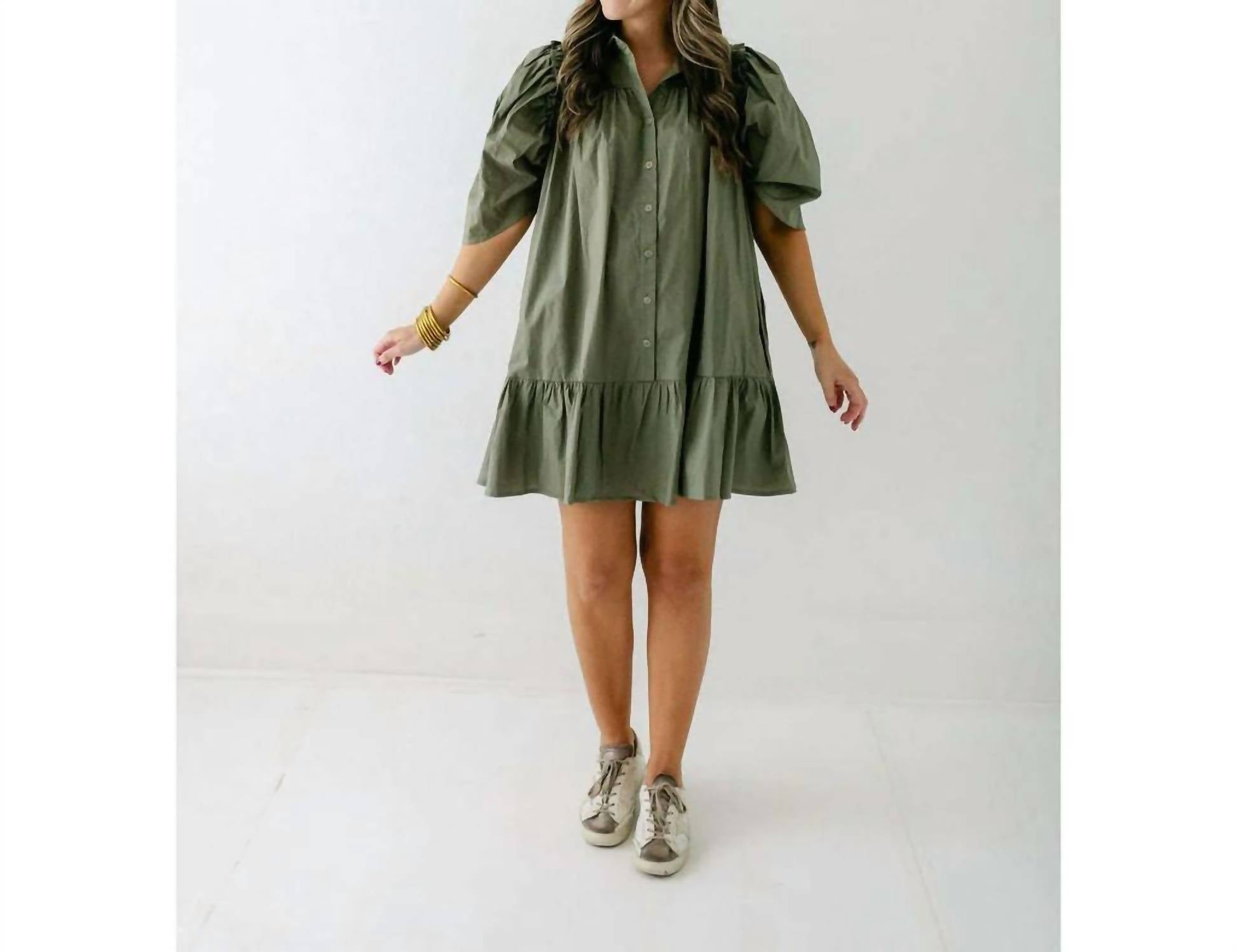 Karlie - Solid Button Puff Sleeve Ruffle Dress