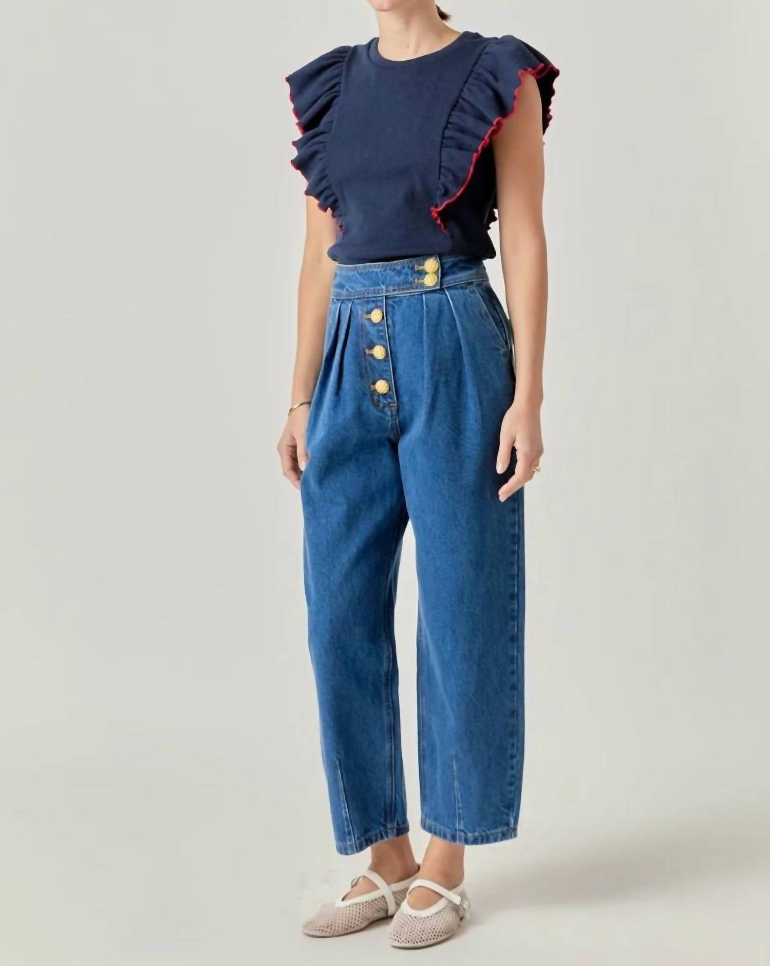 English Factory - Contrast Merrow Detail Ruffled Knit Top