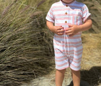 ME & HENRY Boy's Camborne Henley Romper in pink grey - kids' item - detail view