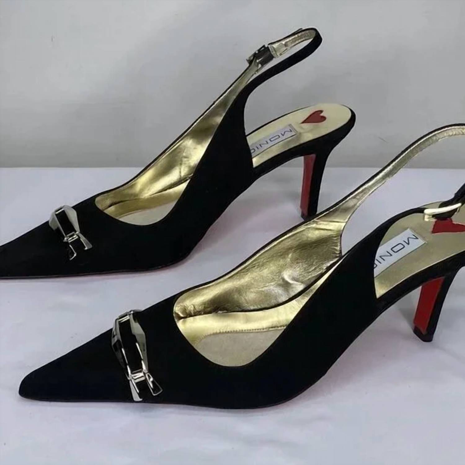 Monique Lhuillier Women's Suede Slingback Pointed Toe High-heel Pumps in black red - women's heels - detail view