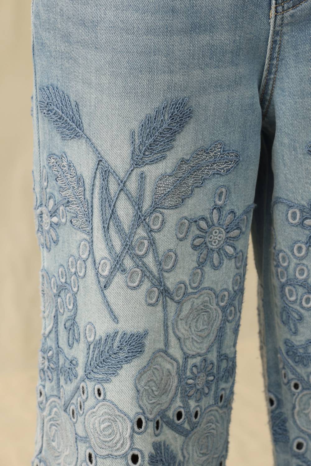 Bayeas - High Rise Eyelet And Embroidery Wide Leg Jeans