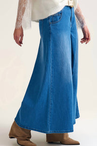 Q2 Extra Wide Leg Denim Skort in blue - women's skirt - detail view