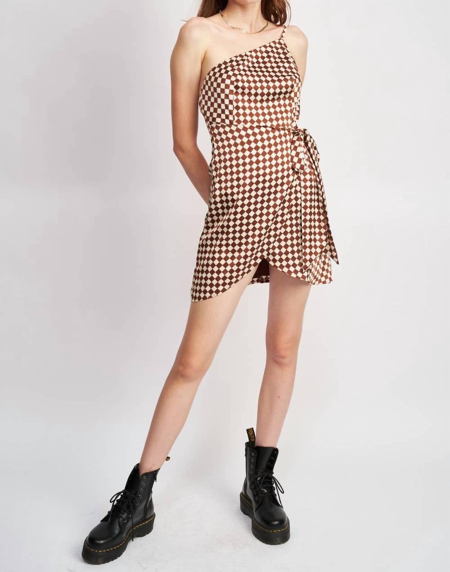 Emory Park - One Shoulder Wrapped Checkerboard Dress