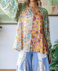 Oli & Hali Button Front V Neck Smocked Cuffs Blouse in multi - women's blouse