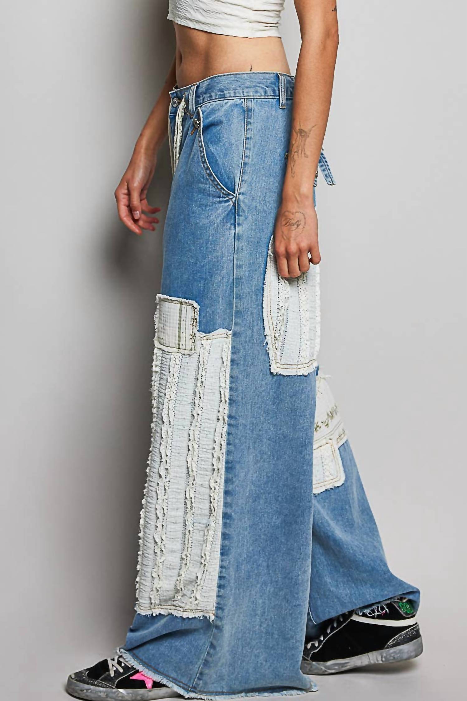 Pol - Boho Vintage Patchwork Denim Wide Leg Pants
